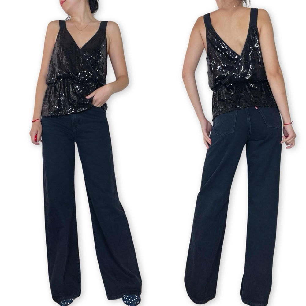 Chelsea 28 Black Sequin Wrap Style Top Size S